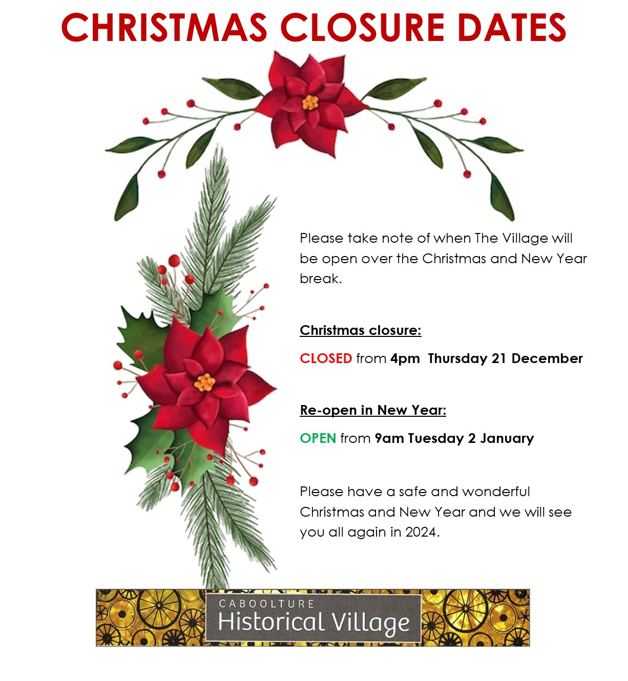 Christmas Closure 2023 - Caboolture Historical Village